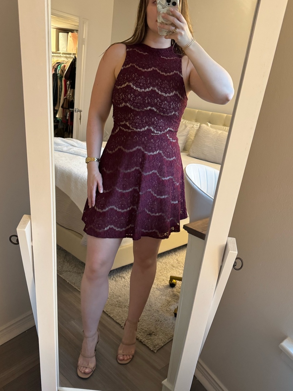 love, Fire Burgundy Lace High-Neck Fit & Flare Mini Dress
